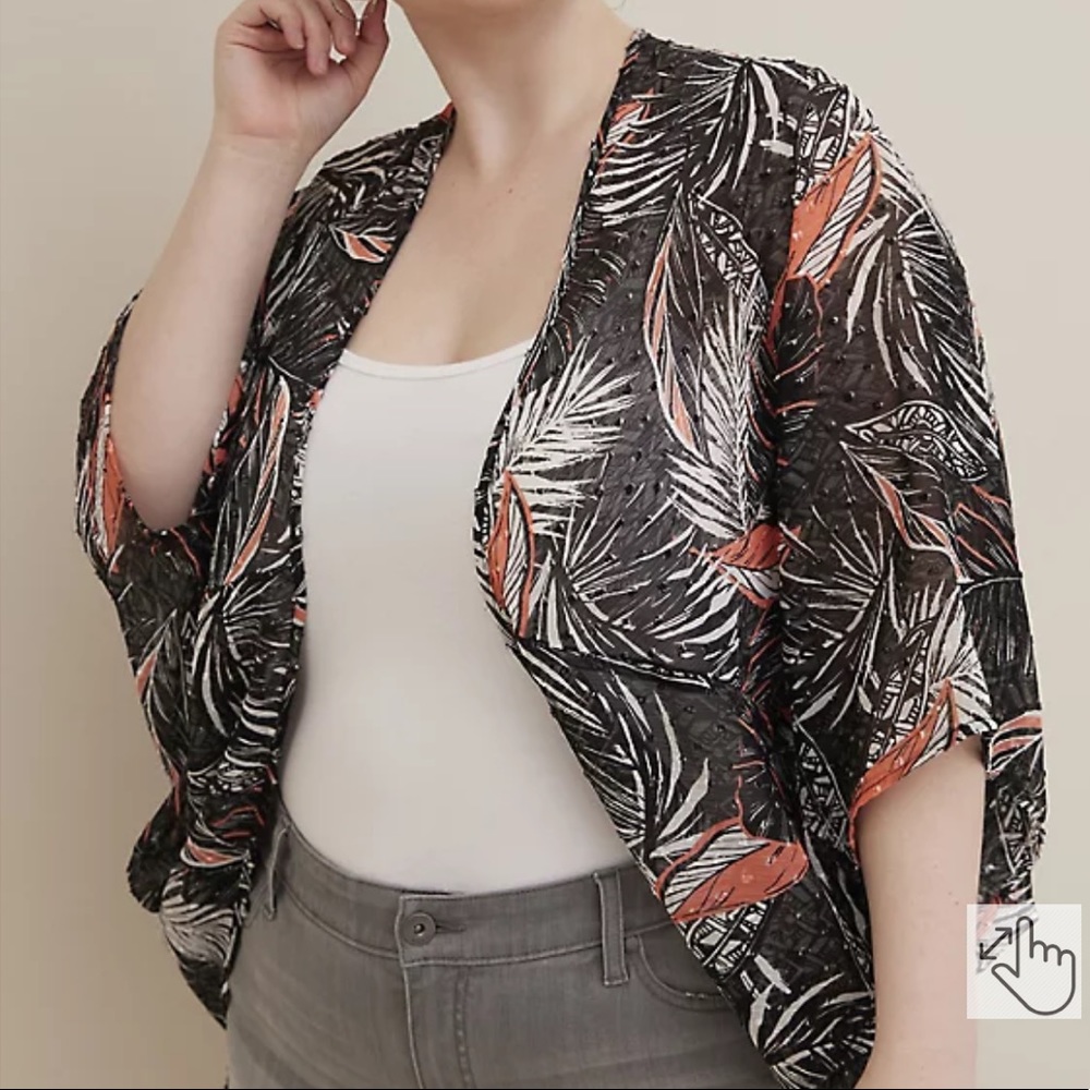 Torrid Black Cocoon Kimono - Clip Dot Chiffon Tropical Leaves - 5/6